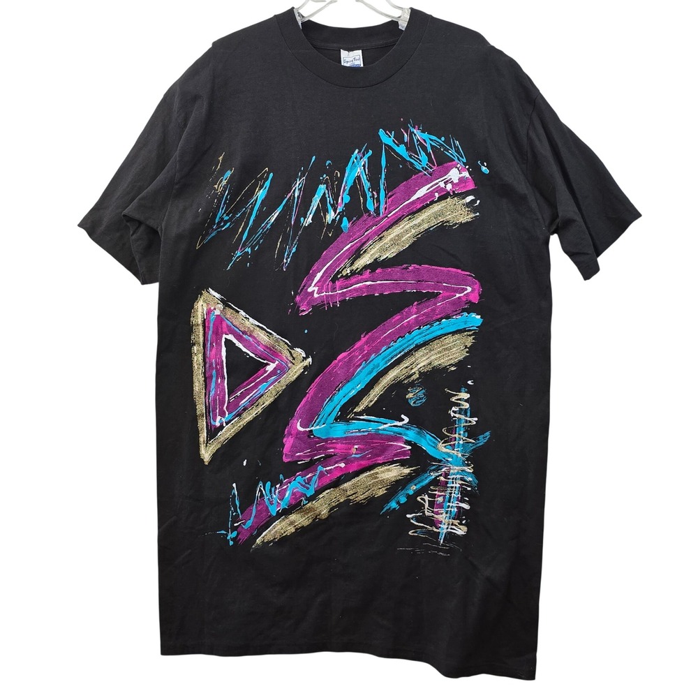 Vintage 90s Abstract Graphic T Shirt USA Made Neon Paint Memphis Single Stitch
